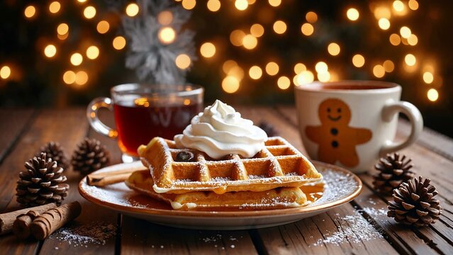 Inviting Christmas breakfast display with Belgian waffle and cozy ambiance