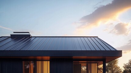 Fototapeta premium A modern minimalist house with sleek, dark gray metal roof tiles, reflecting the golden hues of the sunset realistic 