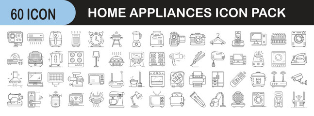Home Appliances Line Icon Set - A collection of 60 line icons featuring various home appliances, including kitchen devices, electronics, cleaning tools, lighting, and entertainment systems.  