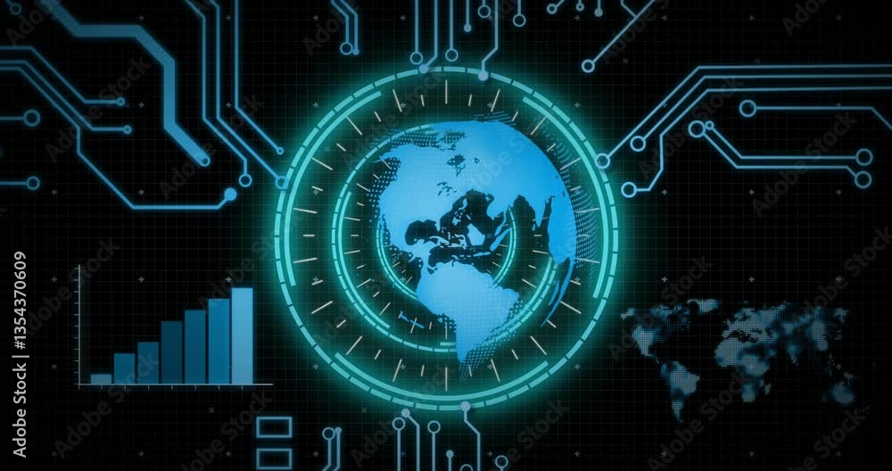 Aufkleber animation of digital globe with circuit patterns and data charts, futuristic theme