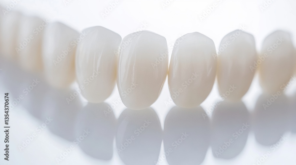 Poster close-up view of immaculate white teeth featuring ceramic veneers with high gloss effect on a clean 