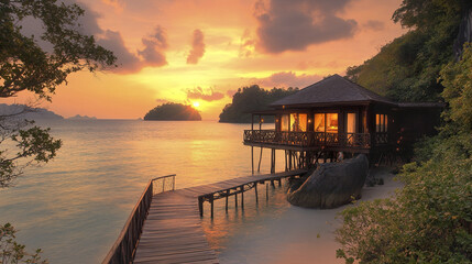floating beach bungalow on stilts at sunset with serene atmosphere