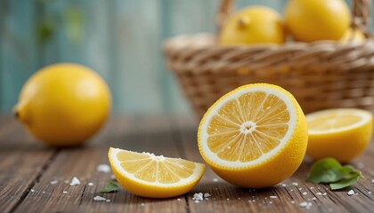 Lemons, Basket of fresh lemons and oranges, Close-up image of basket of juicy lemons isolated on wooden table with blurred background