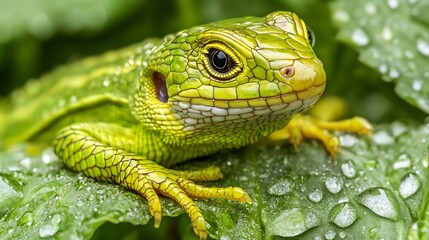 Obraz premium A vibrant green lizard resting on a wet green leaf outside