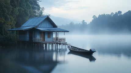 Fototapeta premium serene floating Thai house on misty river with wooden boat