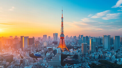 Obraz premium Fiscal Year-End in Japan, Tokyo skyline at sunset featuring iconic tower and cityscape.