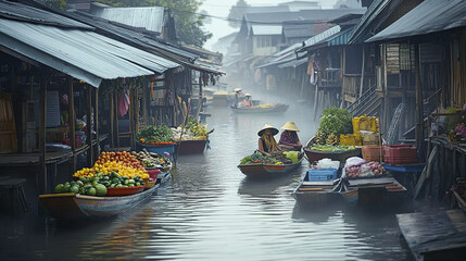 Obraz premium vibrant floating market scene with wooden stilt houses and boats