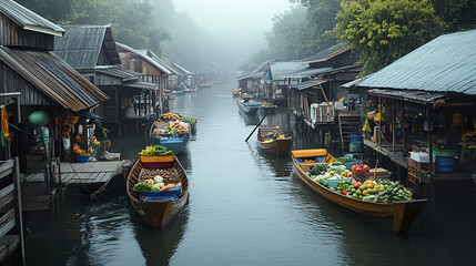 Fototapeta premium Floating market with wooden stilt houses and boats filled with produce