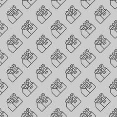 Toolbox with hammer, screwdriver and wrench line seamless pattern, repair service theme. Vector graphics. Repair tools box sign with background, repeat line icon.