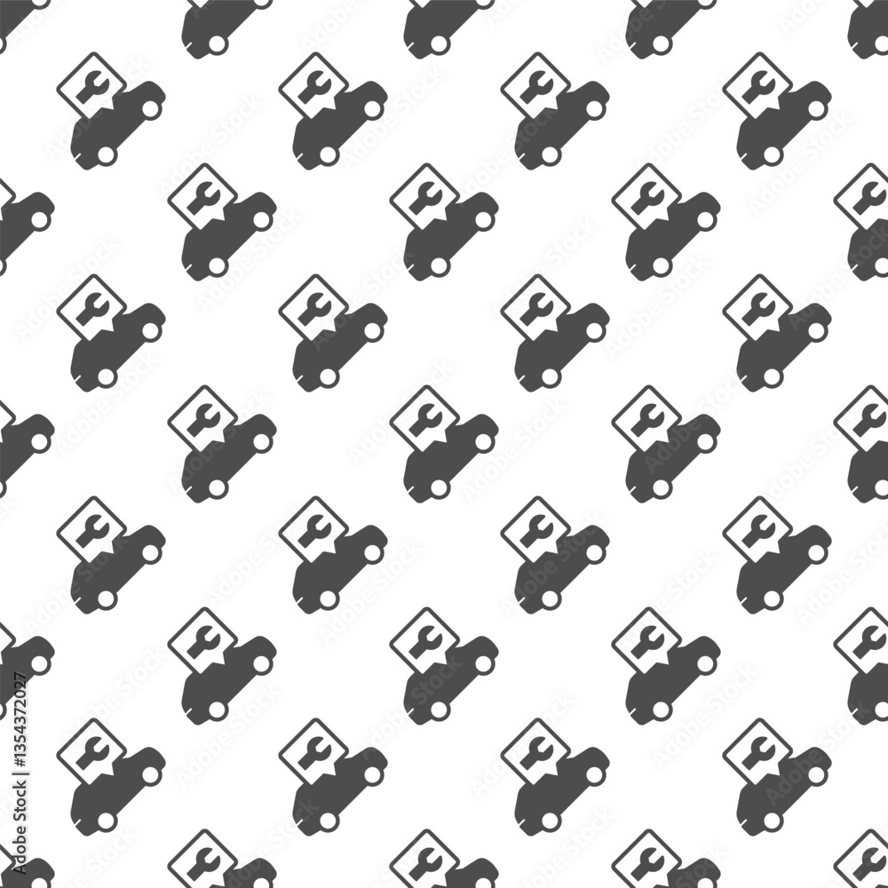 Poster car vehicle with wrench popup window solid seamless pattern, repair service theme. vector graphics. 