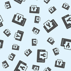 Smartphone with wrench popup window solid seamless pattern, repair service theme. Vector graphics. Phone with repairman message sign background, filled with glyphs icon.
