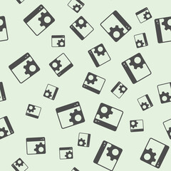 Workshop website with gear solid seamless pattern, repair service theme. Vector graphics. Page window and cogwheel sign background, filled with glyphs icon.