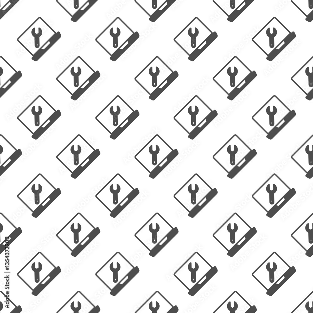 Poster laptop screen with wrench solid seamless pattern, repair service theme. vector graphics. computer re