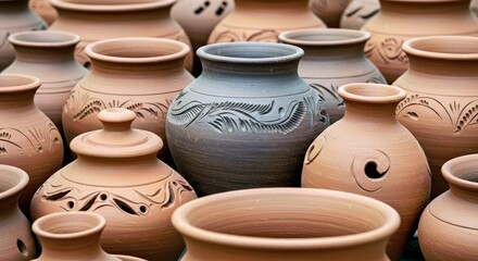 Rustic Clay Pottery With Natural Earthy Tones and Hand-Carved Details