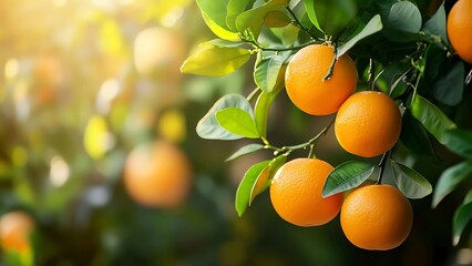 Fresh ripe oranges hanging on tree branch with green leaves in orchard under sunlight, organic fruit harvest scene
