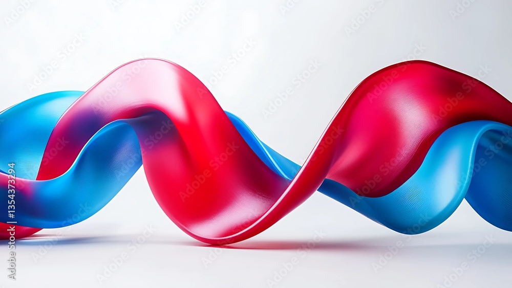 Poster abstract red and blue flowing ribbon shapes on white background, modern 3d render of smooth twisted 