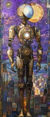 Obraz premium Clockwork robot stands sentinel over a mosaic cityscape background.