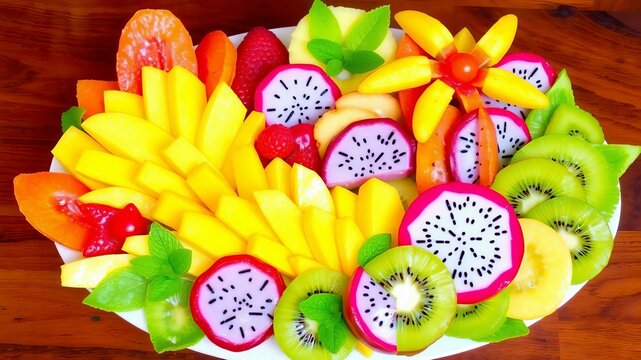 A vibrant and colorful fruit platter shaped like a tropical paradise scene, with slices of mango, pineapple, kiwi, and dragon fruit, garnished with mint leaves.