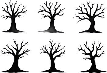 Six Silhouetted Trees with Transparent Background