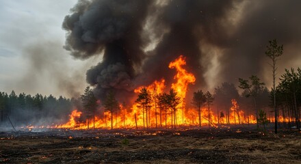 Forest Fire Burning Intensely with Smoke Rising in Dramatic Landscape