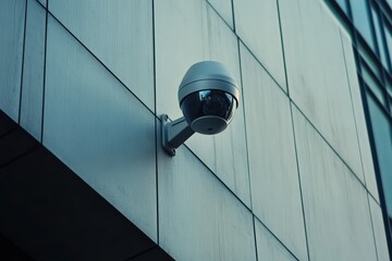 Security camera mounted on modern building for surveillance purposes