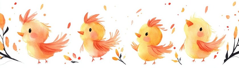 A charming illustration of four colorful, whimsical birds with vibrant orange and yellow hues, surrounded by falling leaves.