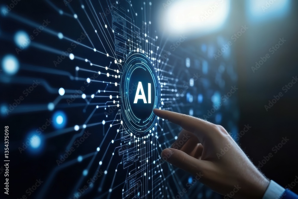 Poster interaction with a digital interface showcasing artificial intelligence technology innovation
