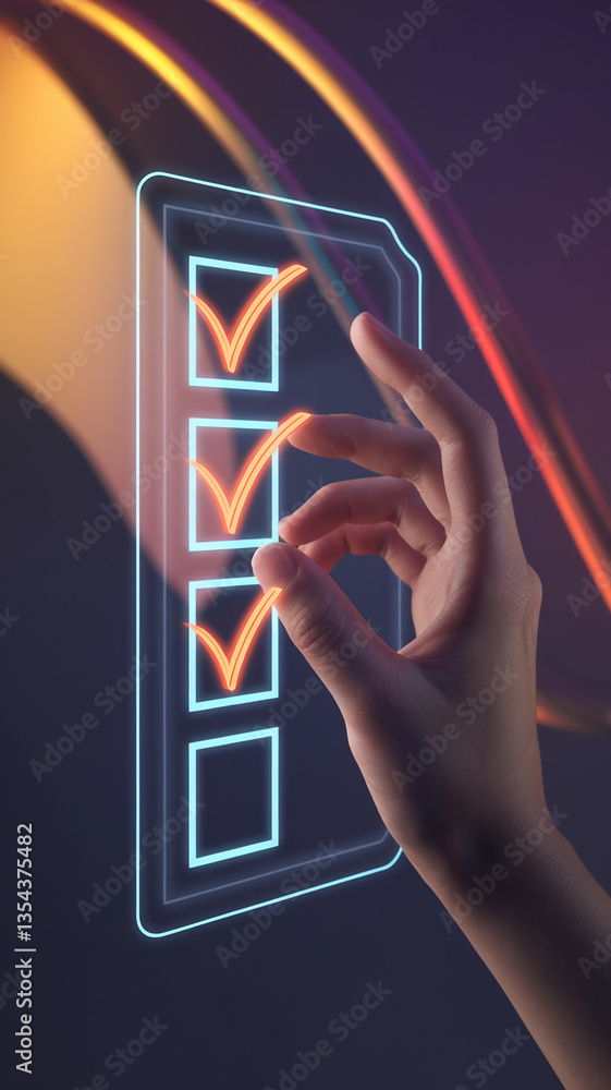 Poster hand interacts with glowing checklist on a transparent interface, symbolizing task completion, progr
