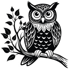A dark silhouette of an owl perched on a branch against a stark white background at twilight
