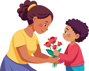 A heartwarming illustration of a boy giving a bouquet of flowers to his mother.