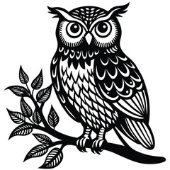 A dark silhouette of an owl perched on a branch against a stark white background at twilight