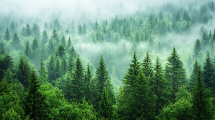 Fototapeta premium A lush, misty forest filled with evergreen trees, creating a serene and tranquil atmosphere.