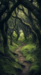 Fototapeta premium Enchanting forest path beckons with mossy trees.