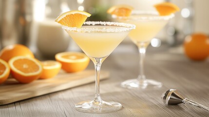 Two Orange Cocktails in Martini Glasses, garnished with orange slices and sugar, on a light wooden table, with more oranges and a metal bar tool in the background