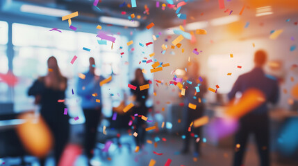Office party celebration with flying confetti and blurred business people, festive atmosphere for corporate events and success milestones.