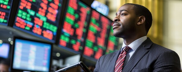 A focused businessman analyzes stock market data displayed on digital screens, showcasing a dynamic financial environment.