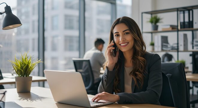 Staff from office to laptop. answering the phone.