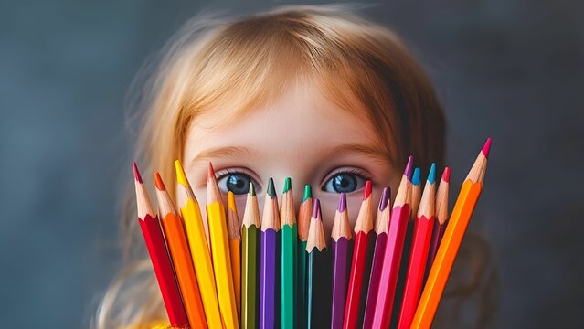 Young child gripping colorful pencils near face, blue eyes peeking over drawing tools, showcasing childhood curiosity and artistic imagination