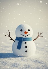 Obraz premium Cute Snowman with Blue Scarf Standing in Falling Snow Winter Scene
