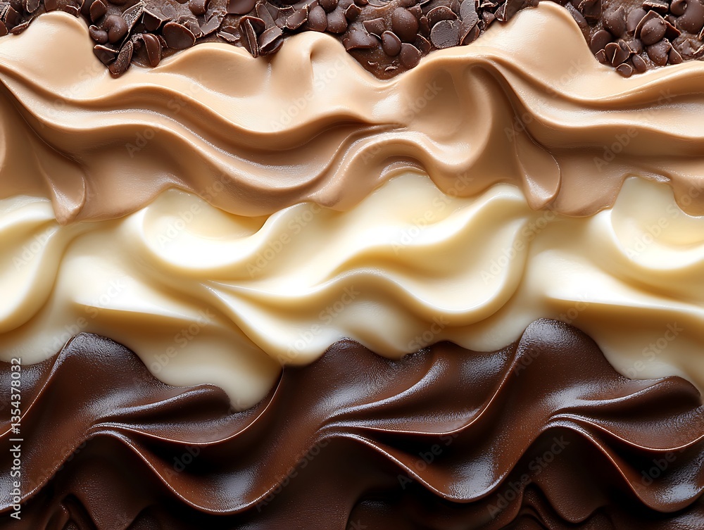 Aufkleber close up of a layered dessert with a wavy, textured design features alternating layers of chocolate 