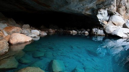 Fototapeta premium Crystal-clear pool beneath a rocky cave. Tranquil alpine water