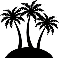 Three black palm trees on an island silhouette, transparent background