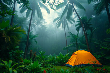 Rain Falling on a Tent in a Vibrant Tropical Forest, Capturing the Refreshing Atmosphere of Nature's Elements, Vibrant Wallpaper