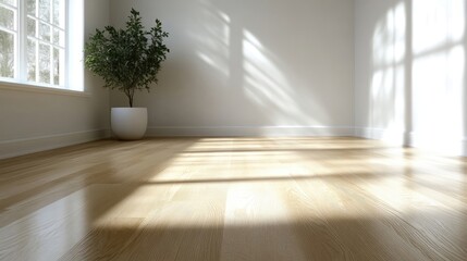 Fototapeta premium Empty room bathed in sunlight. A small potted plant sits in the corner