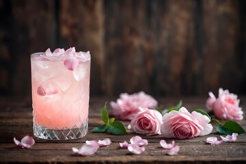A pink botanical cocktail with flower petals on a wooden table with copy space