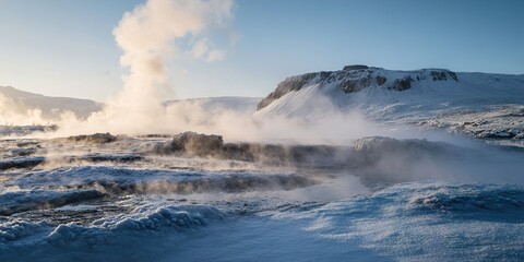 Obraz premium Geothermal Hot Spring: Rising Steam in a Mystical Landscape 