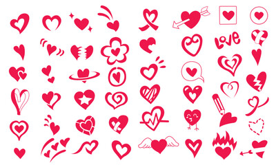 Set of red hearts in different pose. Collection of heart illustration with different style.