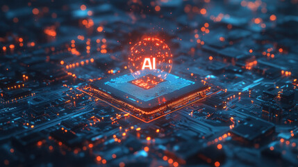 3D illustration of the chip with holographic text "AI" floating above it, with a blue color scheme. The background features light gray and white waves with tech elements.