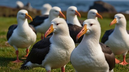 Fototapeta premium Group of white and black birds on grassy shore