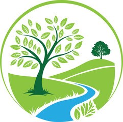 Fototapeta premium vector illustration of a green tree , Nature landscape with a river and trees in a circular design logo